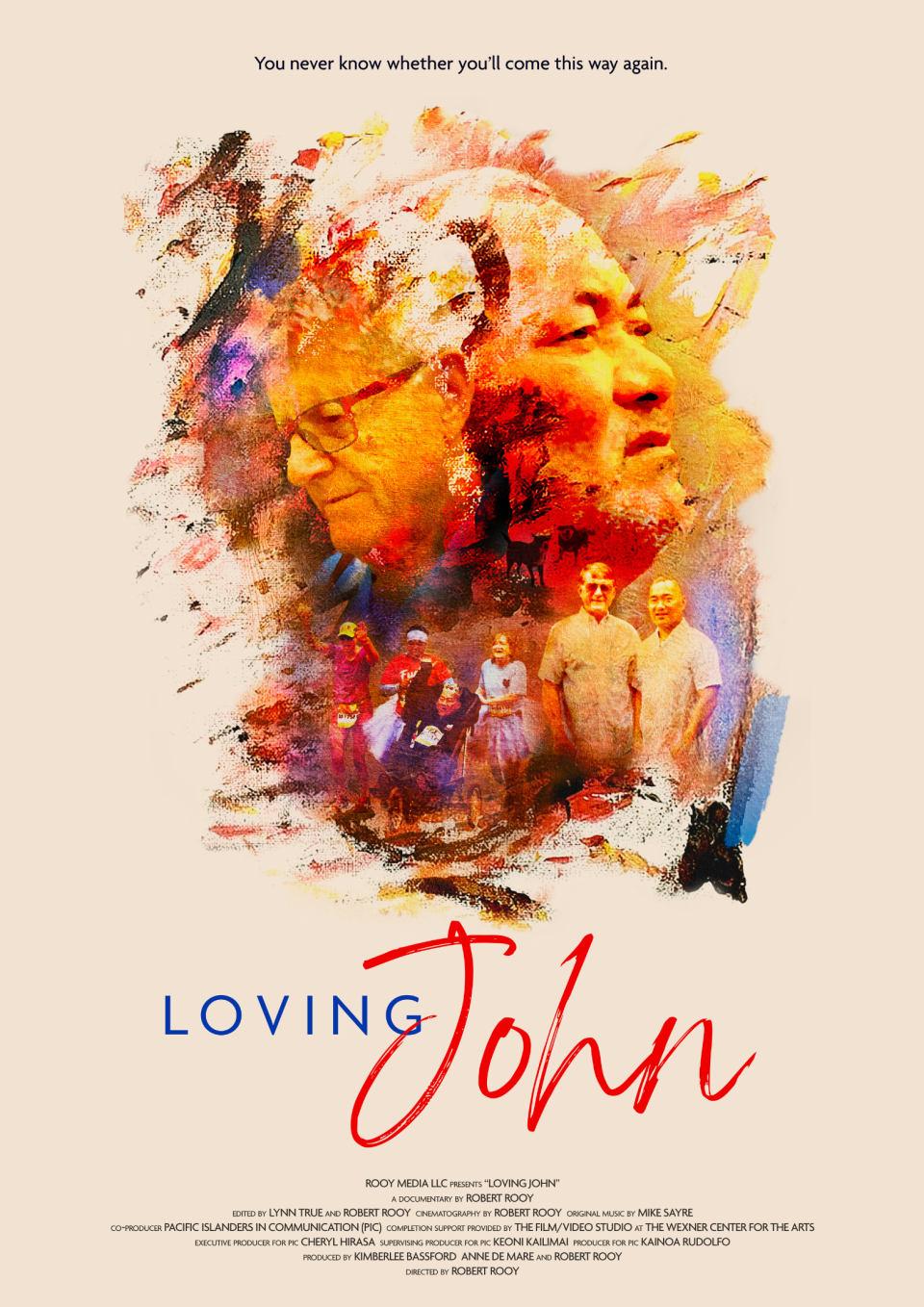 A montage of faces is splashed across the frame. Older faces look up, empowered and an older face with glasses looks down, pondering. The title "Loving John" is painted across the bottom of the frame. 