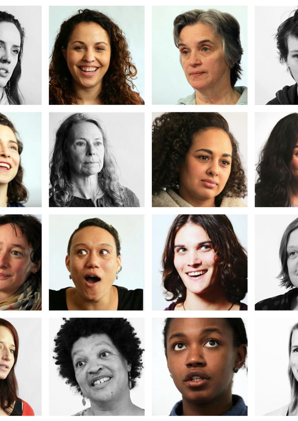 A montage of cisgender and transgender women from the film Break the Silence who represent a range of ages and ethnicities. Each woman is shown while talking during her interview against a plain, pale background. All have a different expression, including smiling, raising their eyebrows in thought, laughing, or with a pensive look.