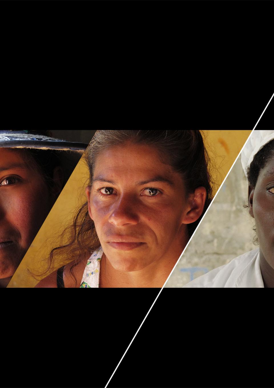 An image from the New Day film Disruption. Three separate headshots of Latin American women of various ethnicities. The images are placed side by side and are divided by sharp diagonal lines. They look boldly into the camera without smiling.