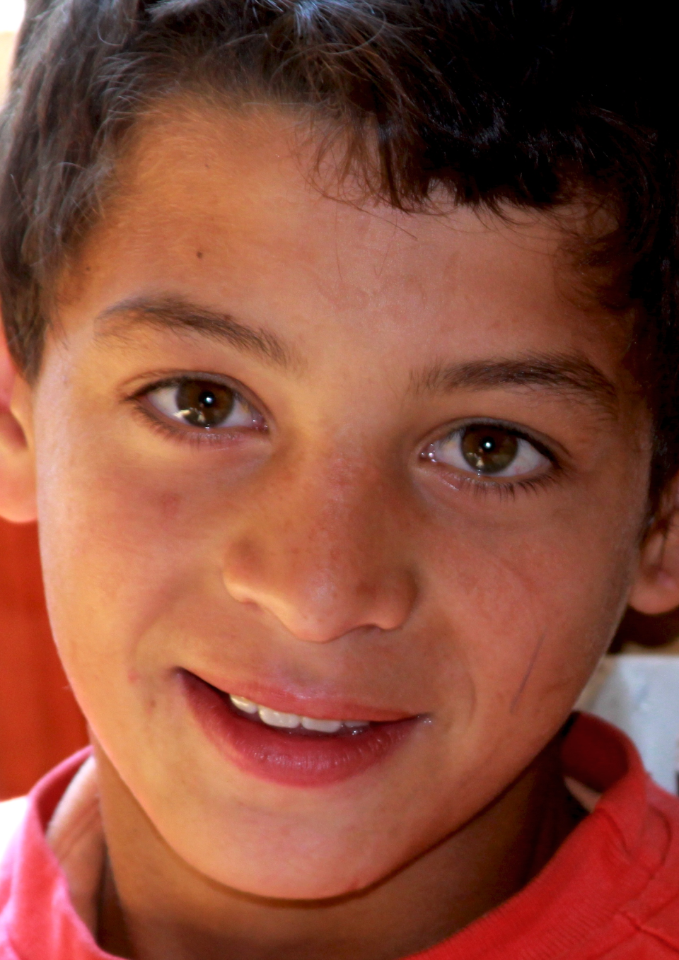 A young Roma boy with tan skin, short dark hair, warm brown eyes and big ears smiles at the camera. He has a smudge on his cheek.