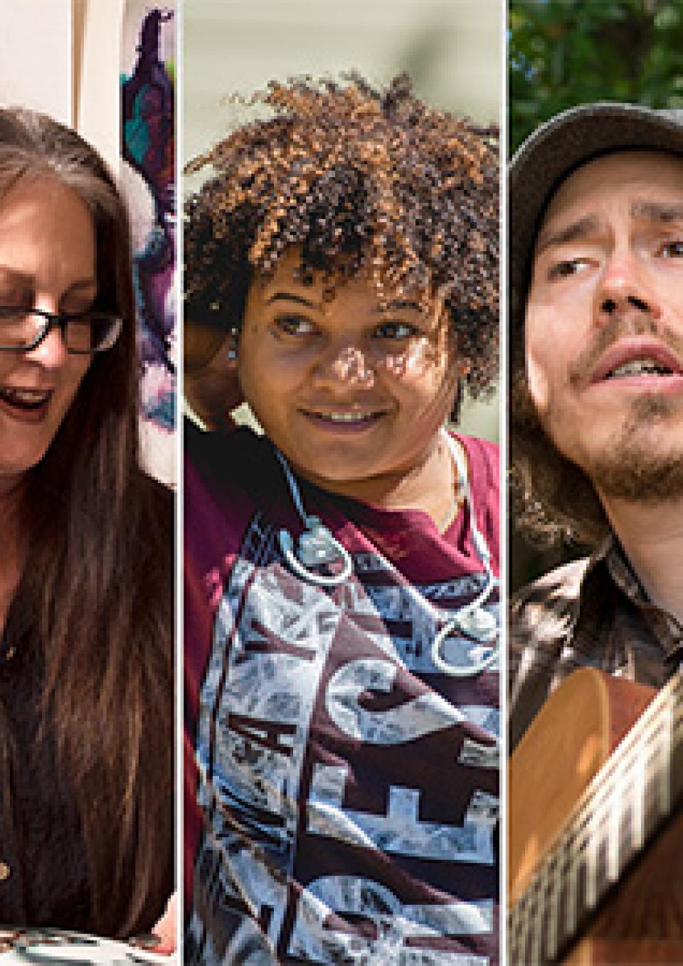 A collage images: a white woman with long dark hair and glasses, looking downward, smiling and holding a painting; a mixed race woman with springy curls that frame her face, smiling, wearing a colorful shirt, earbuds around her neck; and a white man with a light beard and longish hair and a gray cap, singing and holding a guitar.