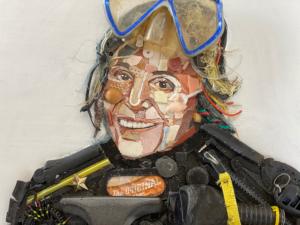Sylvia Earle portrait composed of discarded plastic by Tess Felix