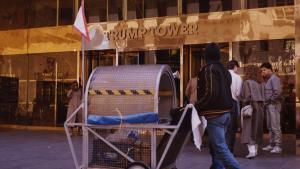 Displaced citizen operating the Homeless Vehicle in front of Trump Tower on Fifth Avenue NYC