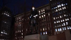 Refugee projected  on and animating the David Glasgow Farragut monument if Madison Square Park NYC.