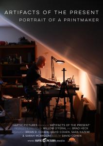 In the center of the frame is a man sitting at a drafting table; tools of his craft surround him and a single desk lamp illuminates the room. The frame is cut off at an angle from the ceiling of the diagonal room. The title of the film is at the top of the image in white text and additional information at the bottom.