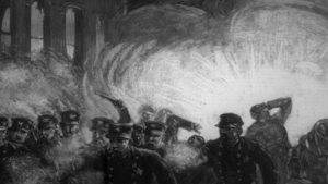 A black and white illustration, policemen emerging out of a white bright light. 