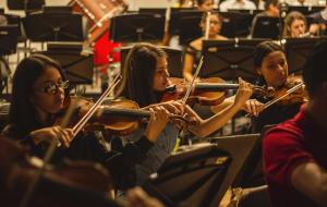 Dissandra and other violinists of youth orchestra play in concert 