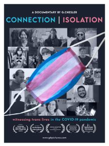 A cloth mask in the trans flag crosses the screen. Behind, B&W images of trans participants. Some smile at the camera, others wear masks, one is in silhouette. 
