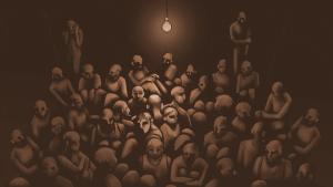 A production still from the film “Voices of Deoli” features an illustration of approximately 35 people crammed into a dark, colorless room with a single lit lightbulb hanging overhead. Their faces are distorted and many sit on the floor holding their knees to their chests in the small space. 