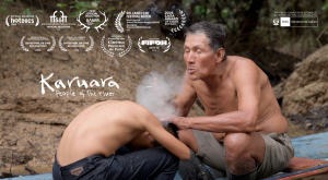 Karuara film flyer with Indigenous elder blowing smoke on teenage boy