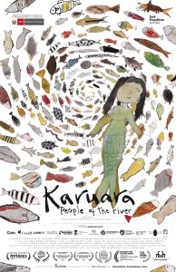 A whirlpool of river creatures with a large mermaid in center, handpainted by children