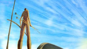 Handpainted image of Indigenous fisherman with bow and arrow