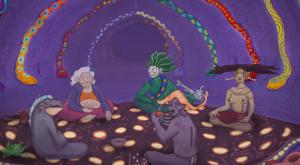 Handpainted image of 5 Karuara shaman meeting inside the belly of a giant anaconda