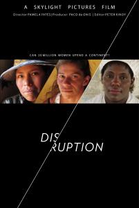 An image from the New Day film Disruption. Three separate headshots of Latin American women of various ethnicities. The images are placed side by side and are divided by sharp diagonal lines. They look boldly into the camera without smiling. The film title is split "dis" from "ruption."