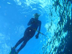 Barbara Crites with the camera is looking up at her underwater floating on the surface of the ocean. 