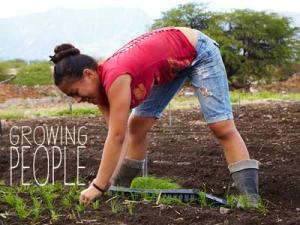 A young Hawaiian woman in shorts and a sleeveless shirt in a field, bending over, planting tiny vegetable starts. Her long brown hair is braided and hangs over her head, almost touching the ground. It is a bright sunny day. Title, "Growing People."