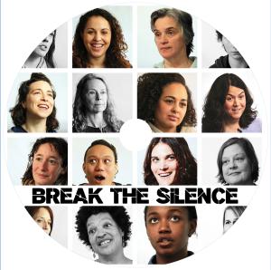 DVD label: A montage of cisgender and transgender women from the film Break the Silence who represent a range of ages and ethnicities. Each woman is shown while talking during her interview against a plain, pale background. All have a different expression, including smiling, raising their eyebrows in thought, laughing, or with a pensive look.