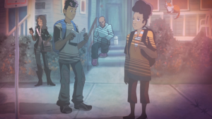 An illustration of two Black youth waiting at a bus stop. One reads a book. Behind them, a Black woman stands browsing on her phone, a bald man sits on his front stoop,  and a cat perches on a window.