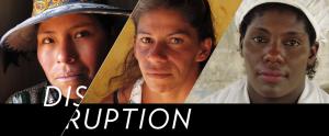 An image from the New Day film Disruption. Three separate headshots of Latin American women of various ethnicities. The images are placed side by side and are divided by sharp diagonal lines. They look boldly into the camera without smiling. The film title is split, "dis" from "ruption."