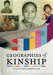 A film poster for Geographies of Kinship with an airplane wing bisecting the image. Above the wing are photos of four Asian and mixed race children. One of them is being held by a white woman with blonde hair. Beneath the wing are colored stripes with passport stamps and the title of the film.