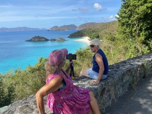 Filmmaker Andrea Leland & Barbara Crites overlooking Trunk Bay, St John, USVI 