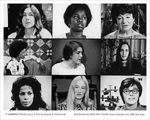 A black and white grid of nine women of differing ages and races from the film. Most look offscreen and like they’re deep in thought.