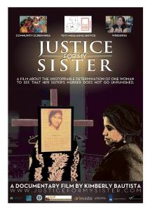 A poster for the New Day Film Justice For My Sister. A yellowed picture of a girl on a wooden cross with white flowers underneath. A person stands in front of the cross and looks down with a sad expression. The background is dark with a stripe down the middle. At the top of the image are the words “Justice For My Sister” in large white letters.