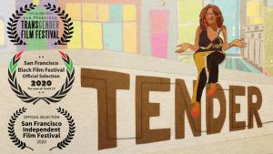 An illustration of a Black trans woman sitting on a cement wall in front of a colorfully rendered city scape. She has long hair and big earrings and holds her hands out to her sides with her palms up. On the wall it says Tender in large block letters. One the left are several laurels indicating awards won.