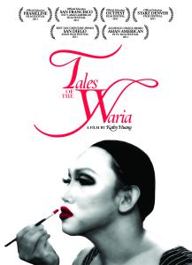 Profile image of a transgender woman in Indonesia. She focuses on her face in the mirror as she paints her lips. She has dramatic eye makeup and her hair pulled back under a cap. Text: "Tales of the Waria." A row of festival award laurels.