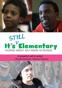 Two photos next to each other of the same person as a young Black child and then as a young man wearing an orange hoodie. Below those photos text reads It’s Still Elementary Talking about Gay Issues in School. The word Still looks like it was inserted into the title. At the bottom on an orange banner it says A powerful call to action. Rhonda Thomason Teaching Tolerance.