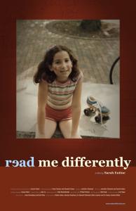 Poster for "Read Me Differently" has the "e" in "read" backward. A girl of about ten years old, likely in the early eighties, wearing a shirt with rainbow stripes and red shorts, sitting next to a blue Adidas roller skate with a yellow sole and big black wheels. She has facepaint on her cheeks.