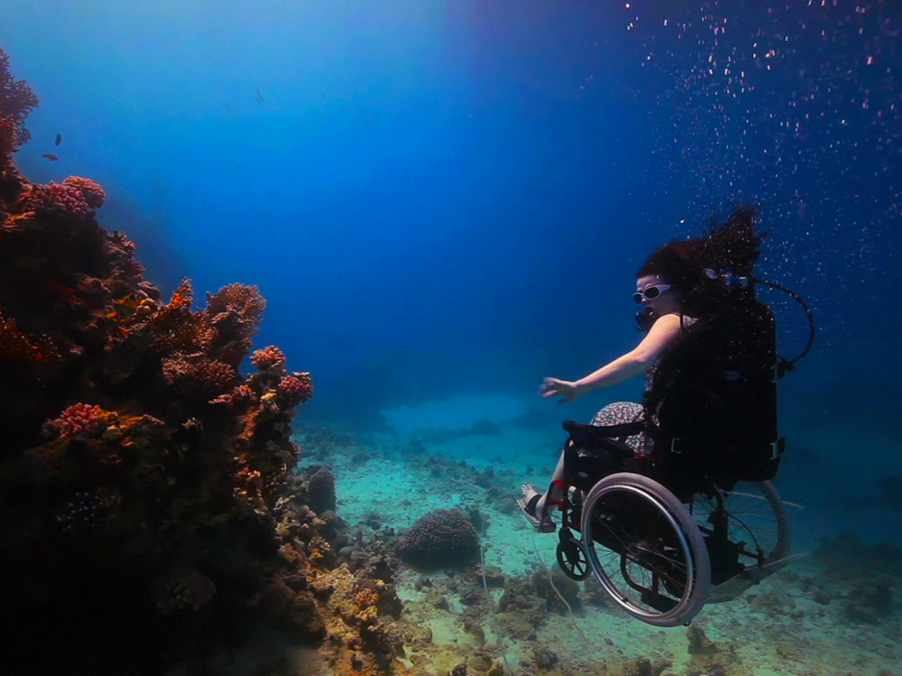 Film still from Fixed of a woman scuba diving, exploring a coral reef from her manual wheelchair.