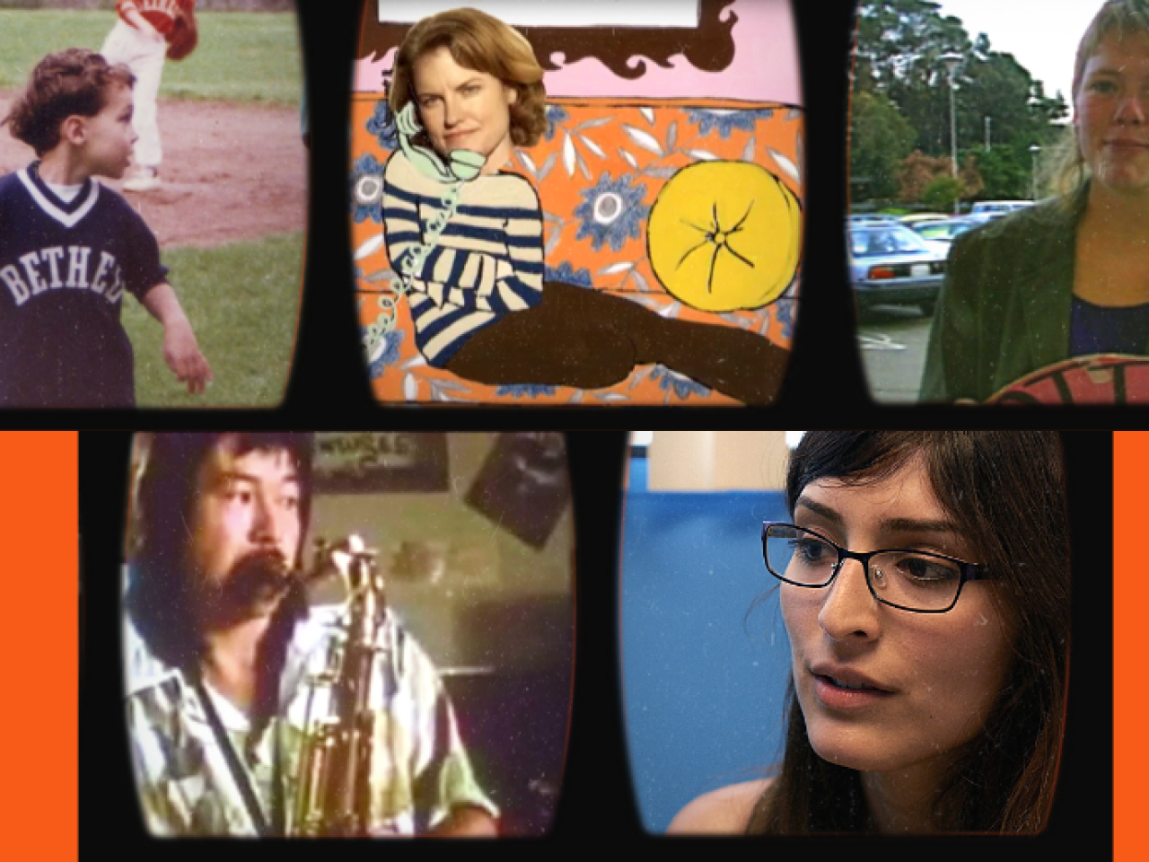 Collage of 5 photos, a young boy with cerebral palsy in baseball uniform, a woman's head on top of a cartoon body, a young woman in a green blazer holding boycott sign, a man playing saxophone, a woman with glasses.