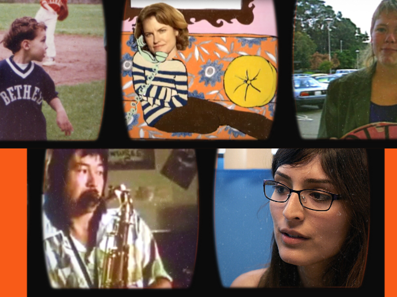  Collage of 5 photos, a young boy with cerebral palsy in baseball uniform, a woman's head on top of a cartoon body, a young woman in a green blazer holding boycott sign, a man playing saxophone, a woman with glasses.