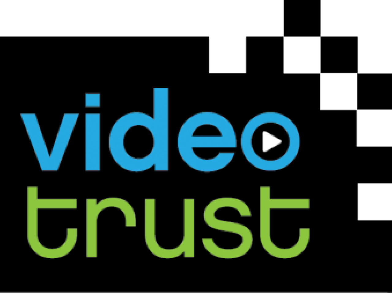 Black and white rectangle with the words "video trust" in  blue and green.