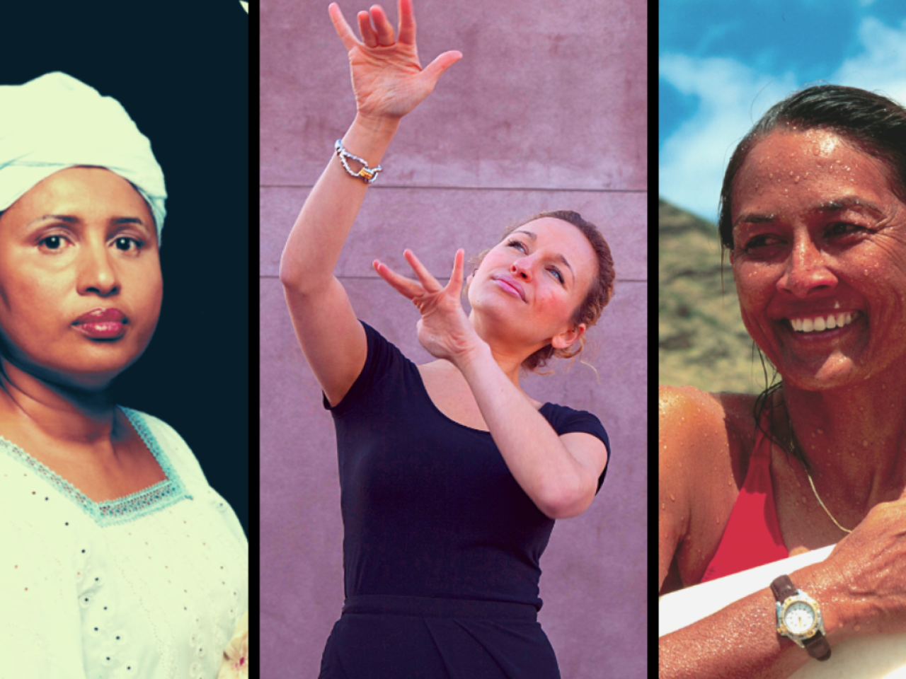 portraits of 3 women. An African woman wearing a white headdress and white blouse, an Israeli woman with her hands raised up wearing a black top, and a Hawaiian woman with water drops on her face holding a surfboard