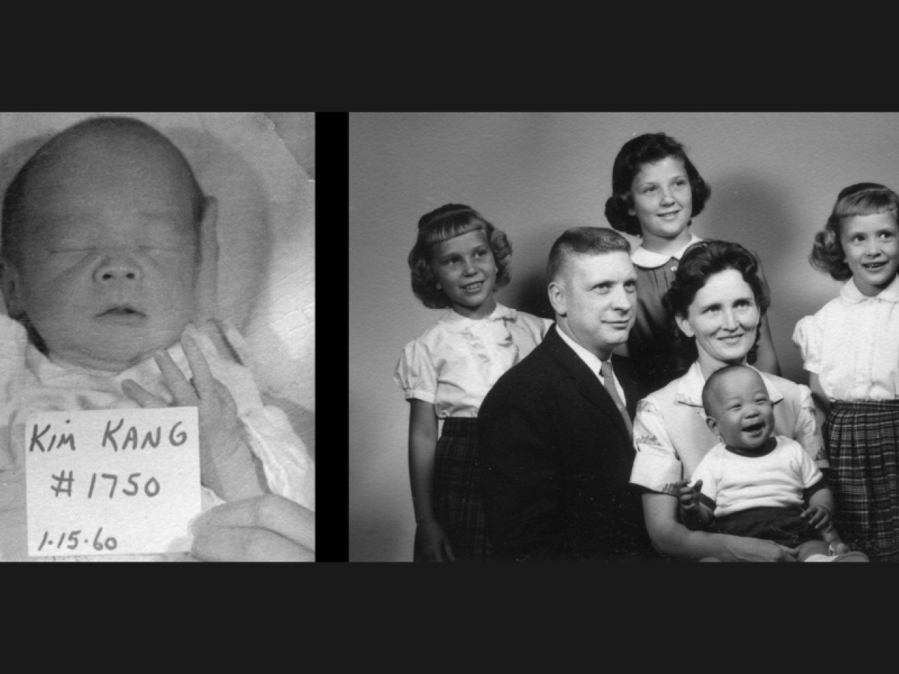 Black and white image comprised of two images. There is a baby on the left side and a 5-person family on the right side.