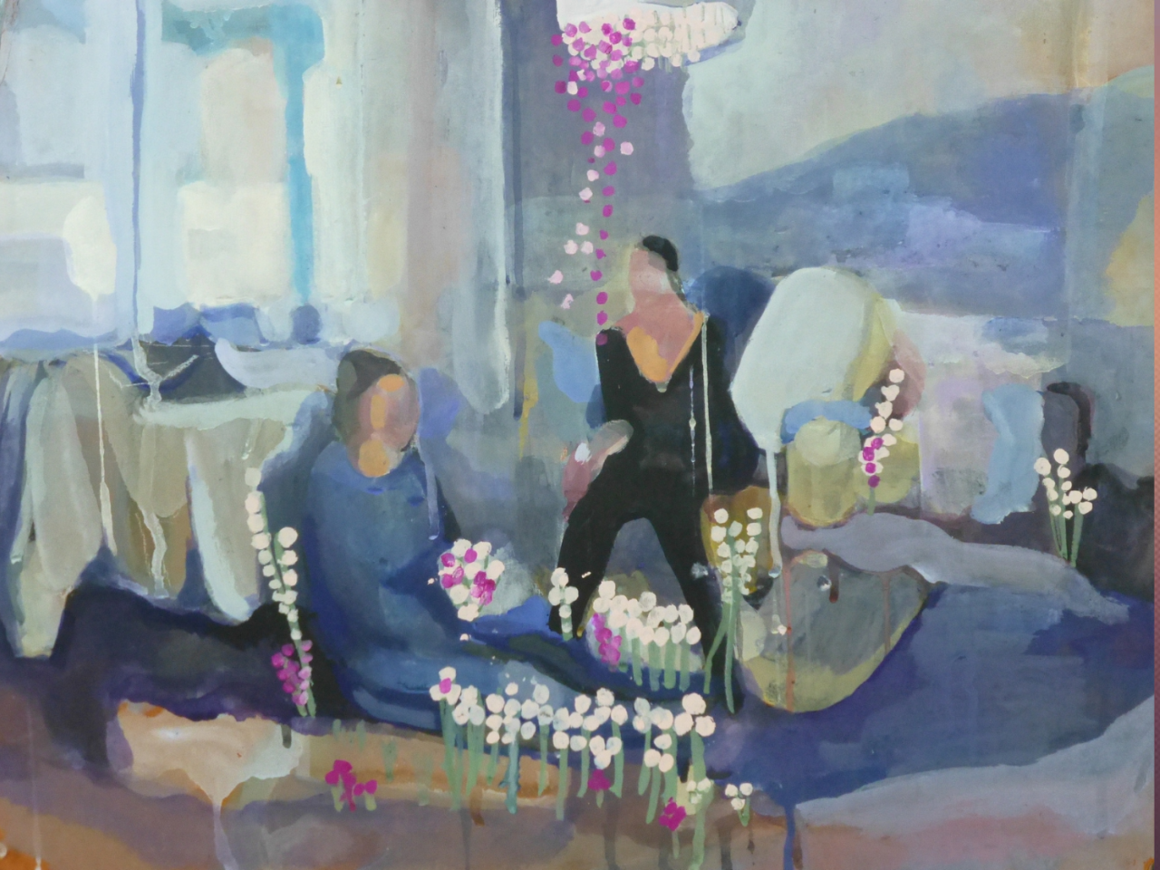 A watercolor painting of two women sitting in a room.