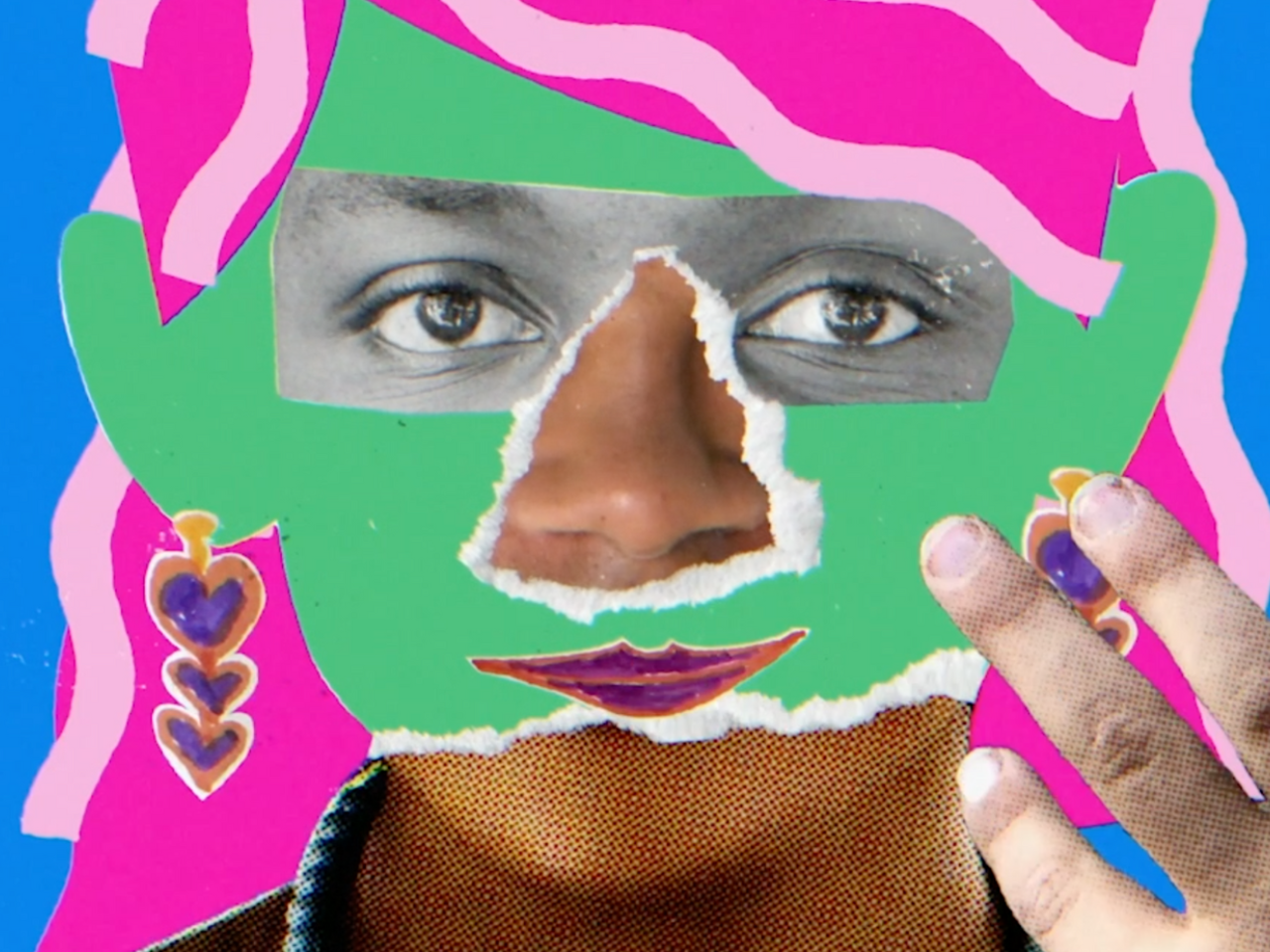 A still from Mama Has A Mustache featuring a face with green and purple over it that looks like cutouts from paper.