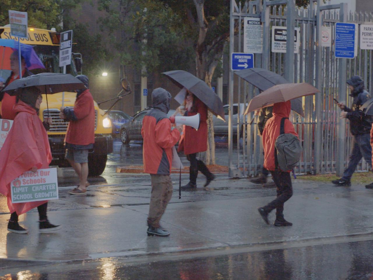 A collective of individuals, each with an umbrella, protesting on a rainy day.