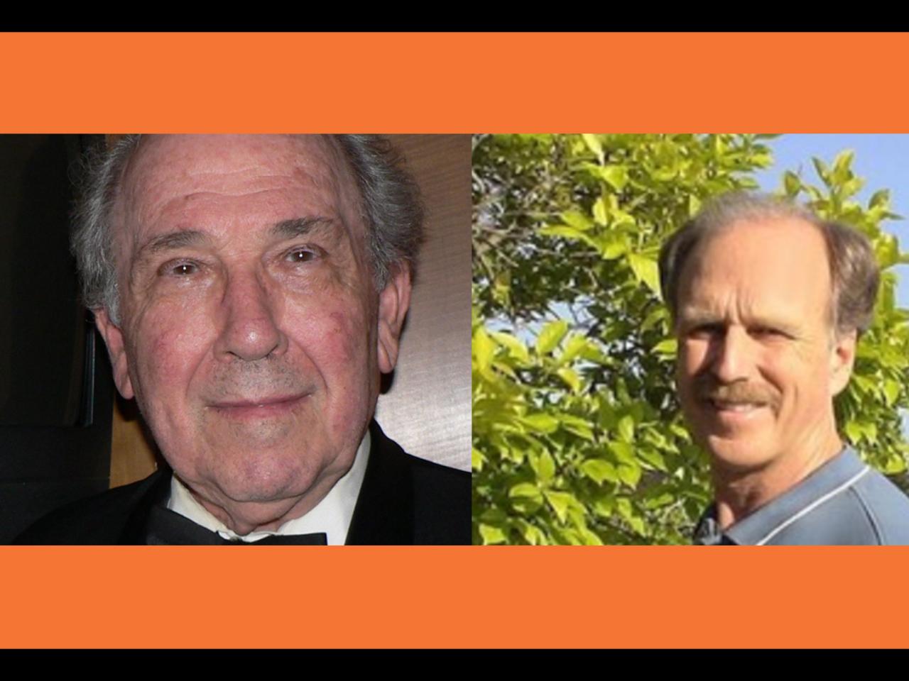 A photo of Robert Richter in a tuxedo, smiling with an Academy Award statue next to a photo of Richard Tony Cox, standing outside by trees on a sunny day. Their photos are placed against a background of New Day Films orange and black.