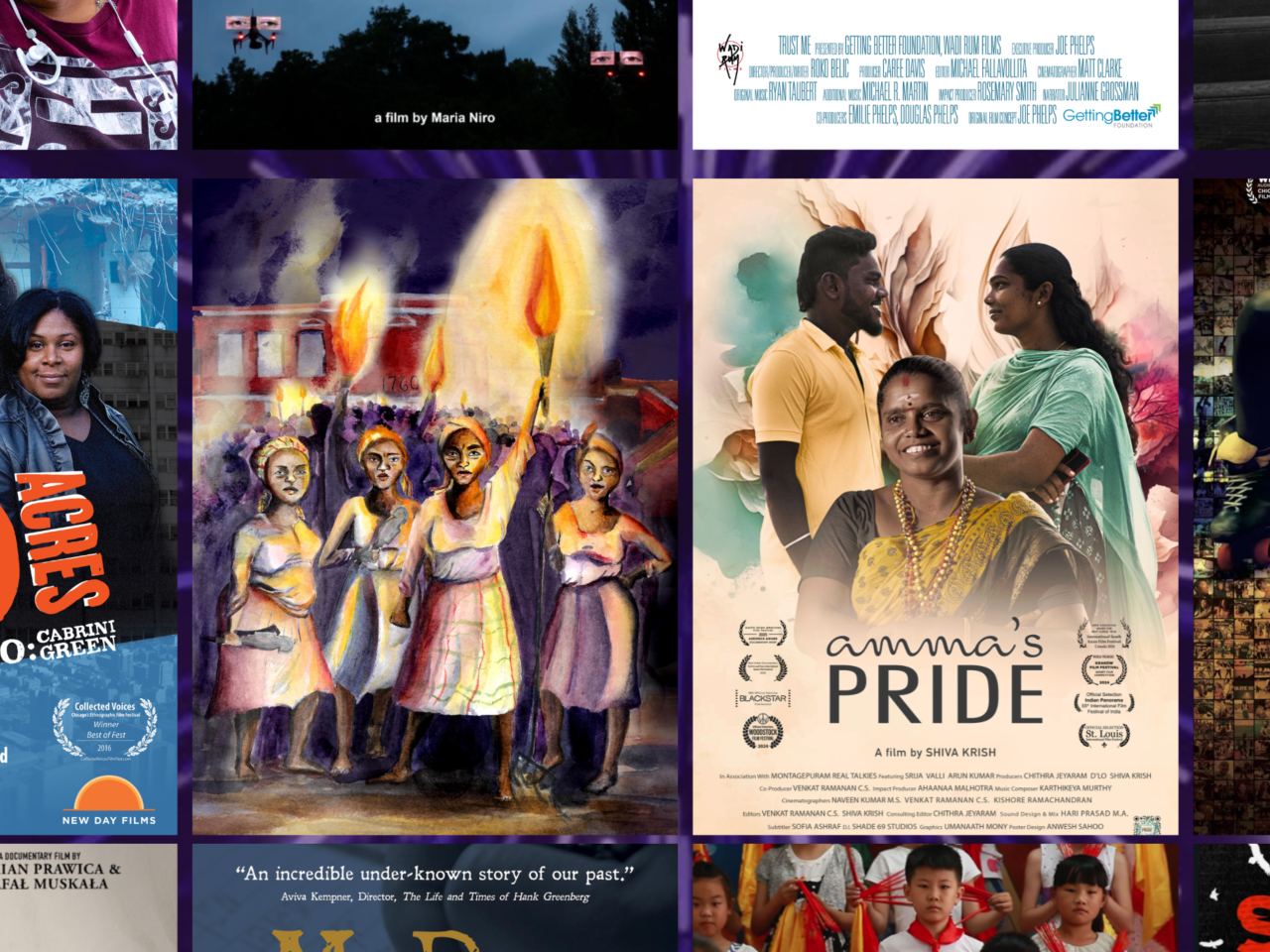 This image shows a collage of New Day documentary film posters, including 70 Acres in Chicago: Cabrini Green, Amma’s Pride, United Skates, and several others, featuring portraits, illustrations, and scenes that highlight diverse communities and social issues.