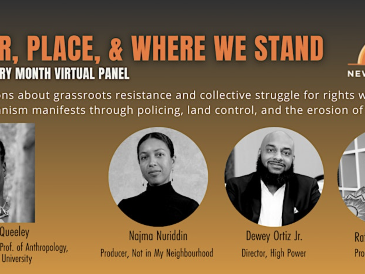 Promotional graphic for the Power, Place, & Where We Stand Black History Month virtual panel, featuring portraits of the moderator and panelists alongside event details about grassroots resistance, civic rights, and collective struggle.
