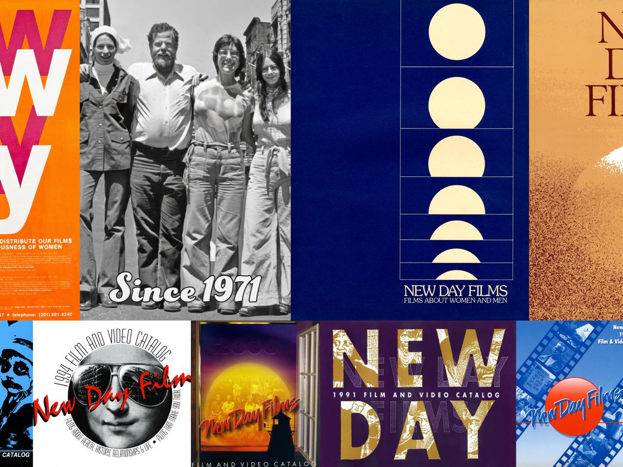 A montage of nine New Day Films posters and catalogue covers from 1971 through the 2000s, and one black and white photo of the founders: Liane Brandon, Jim Klein, Julia Reichert, and Amalie Rothschild. They pose for the camera, smiling, with their arms around each other’s shoulders.