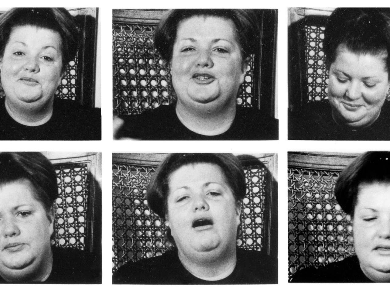 A composite image made up of six black and white photos of the same person. She is round-faced and light skinned with arched eyebrows and short dark hair pulled back in a barrette on top of her head. In each photo she has a different expression.