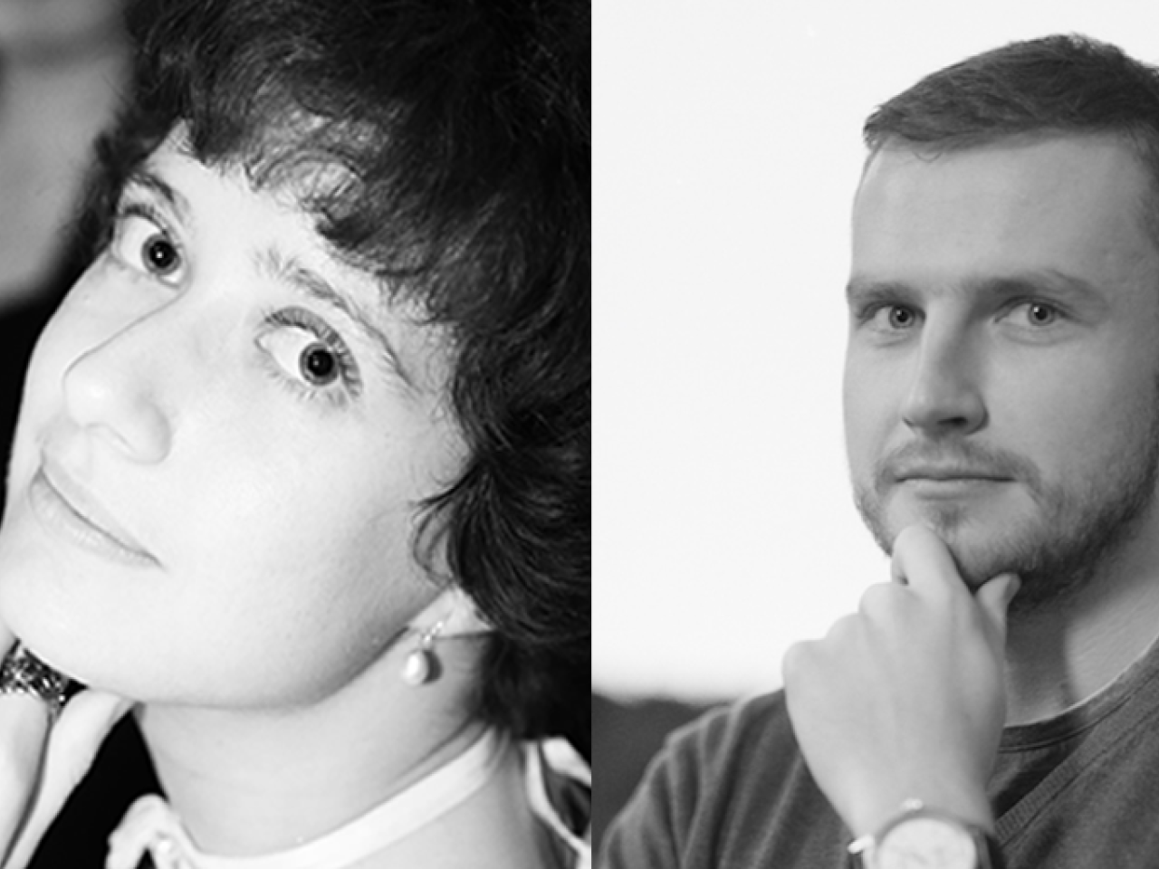 Two black and white headshots are joined together. On the left, Filmmaker Olga Lvoff looks up at the camera with a slight smile. On the right, Filmmaker Victor Ilyukhin looks at the camera, his hand resting on his chin.