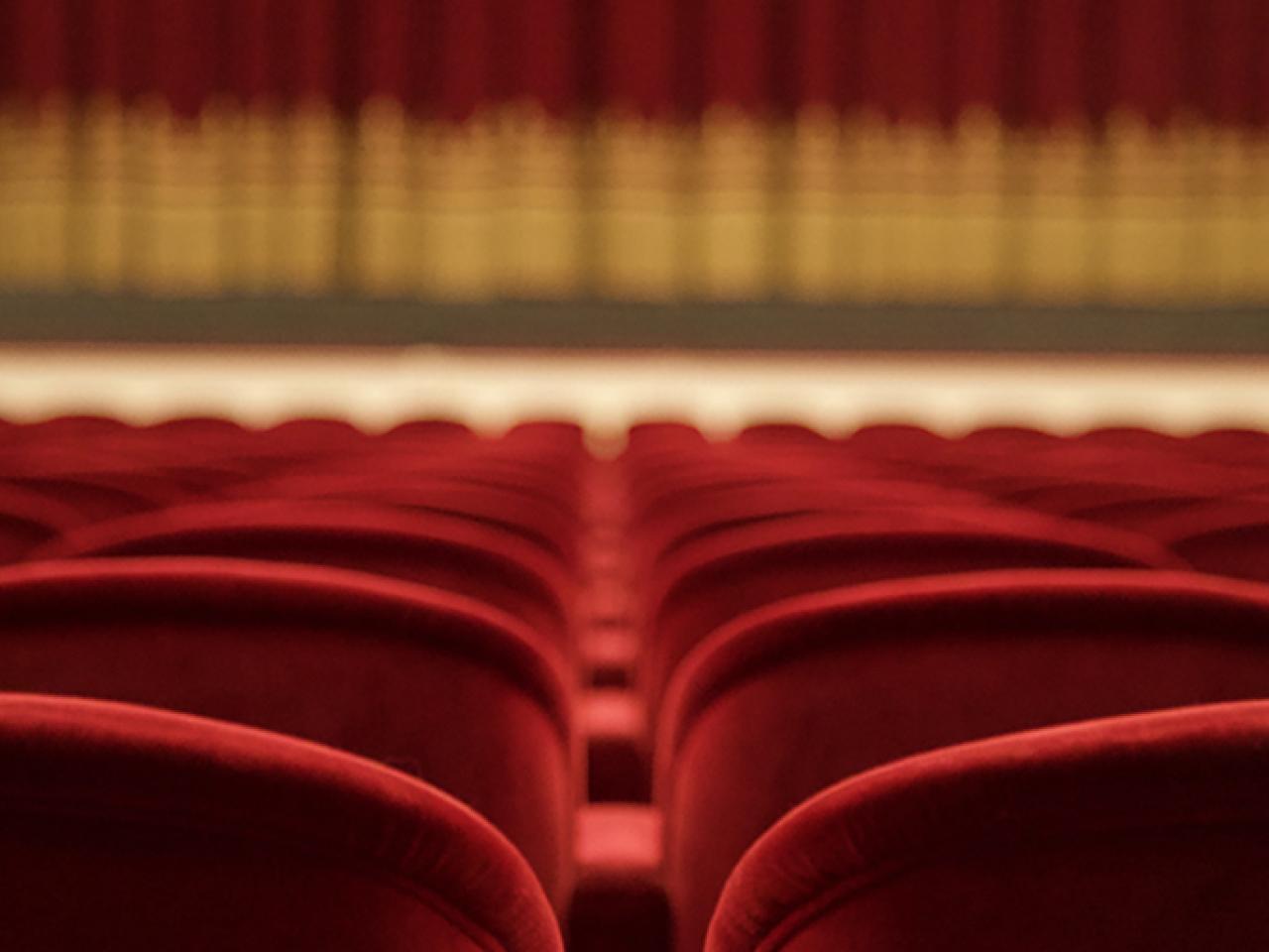 In this empty theater, we see rows of velvet chairs and an out-of-focus stage.
