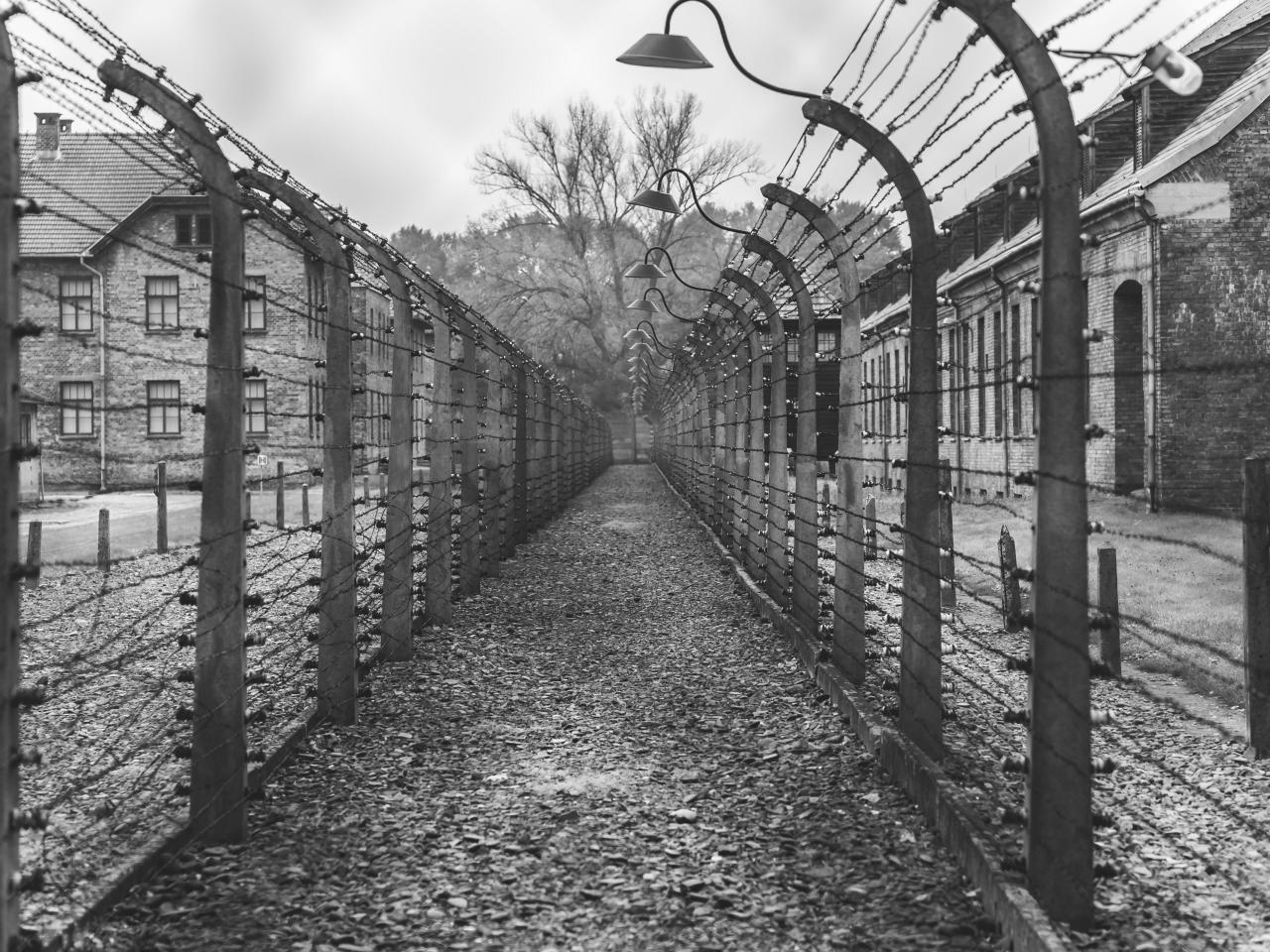 Black and white photo looking down a long, narrow corridor created by Nazi concentration camp barbed wire fencing. Beyond the fencing, on one side, a gas chamber.