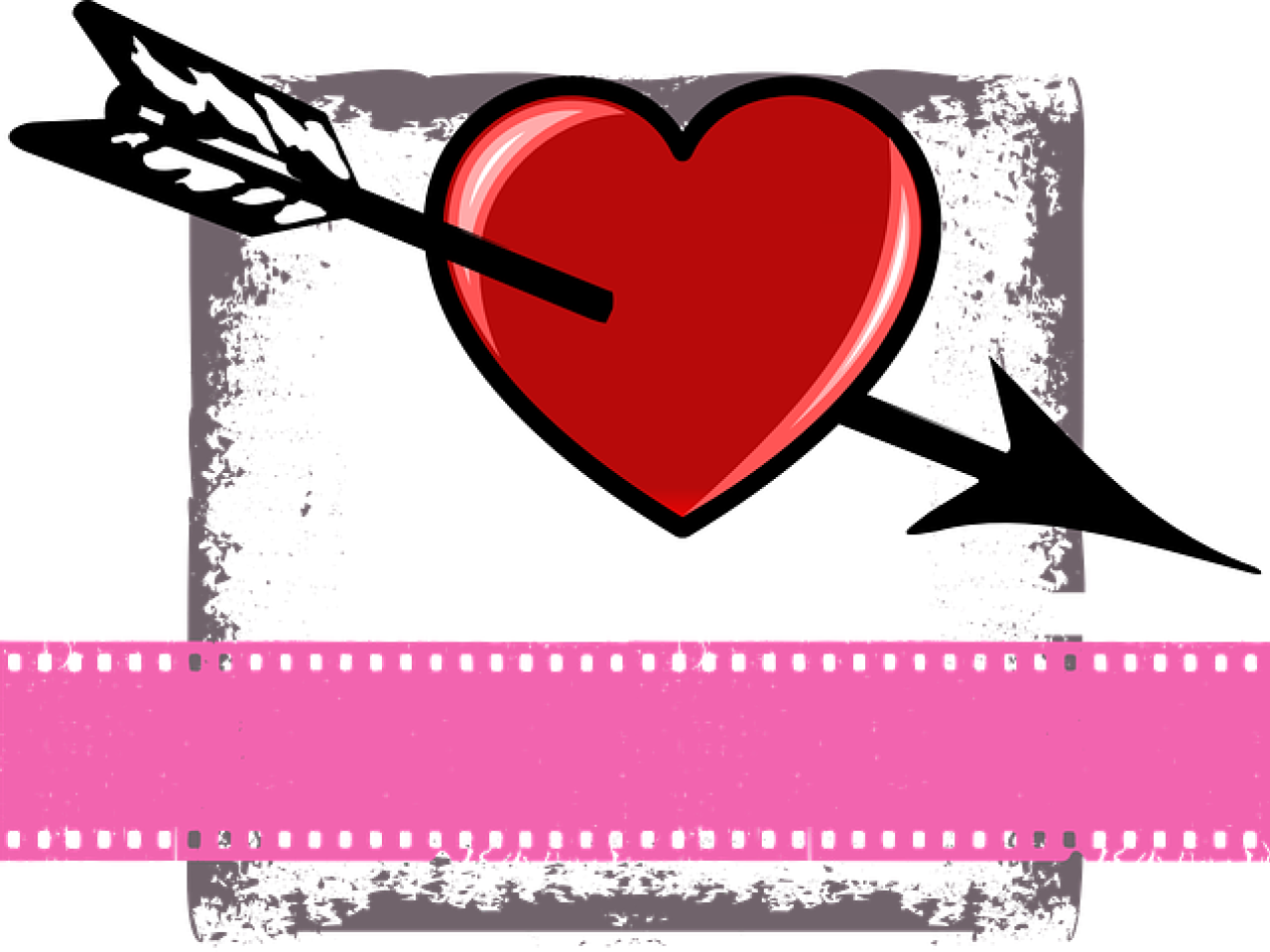 A drawing of a bright red heart pierced by an arrow framed by a grungy gray box with a pink film strip spanning along the bottom of the image.